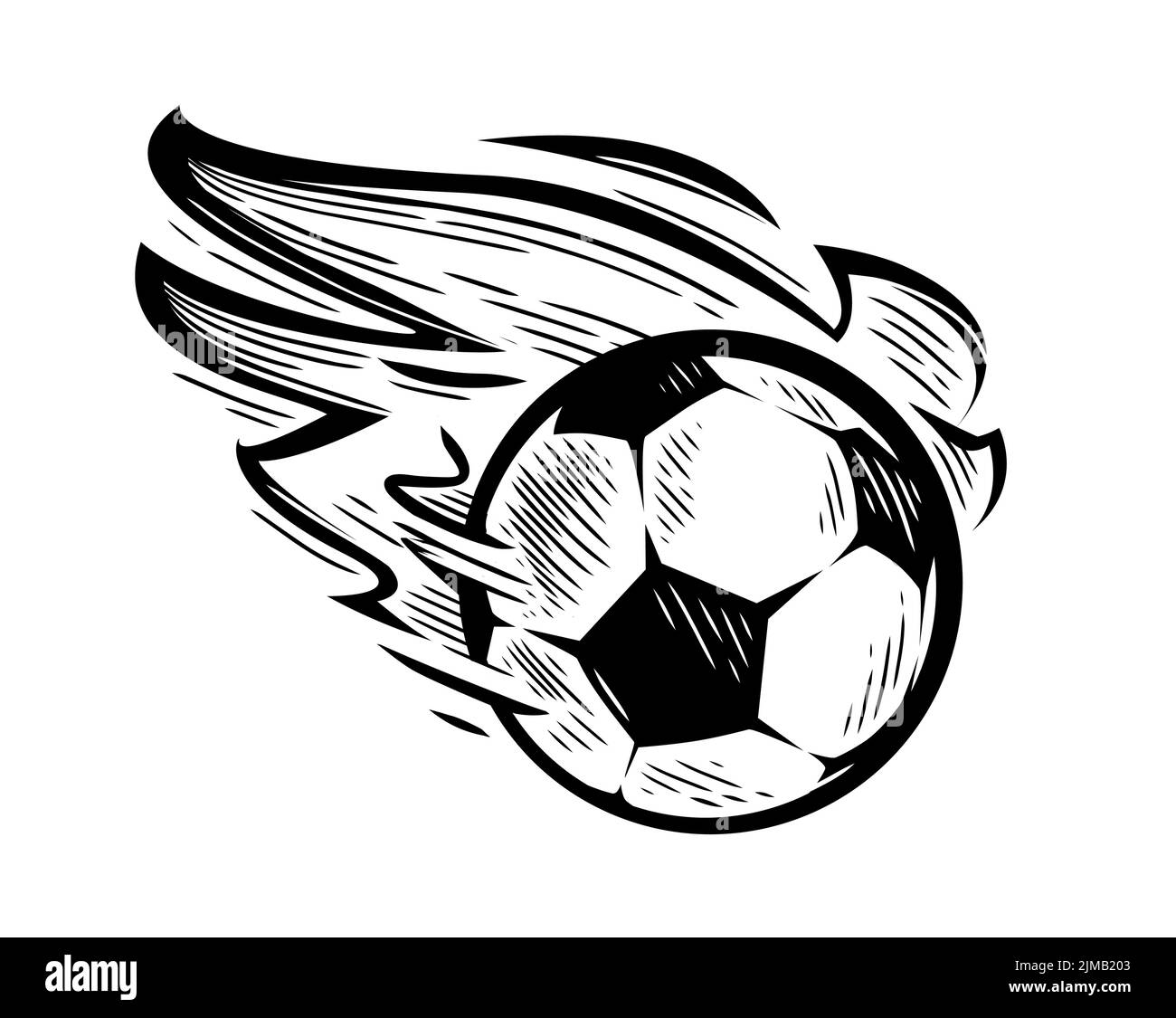 Soccer ball burning flying emblem. Hand drawn football and soccer symbol. Vector sketch illustration Stock Vector