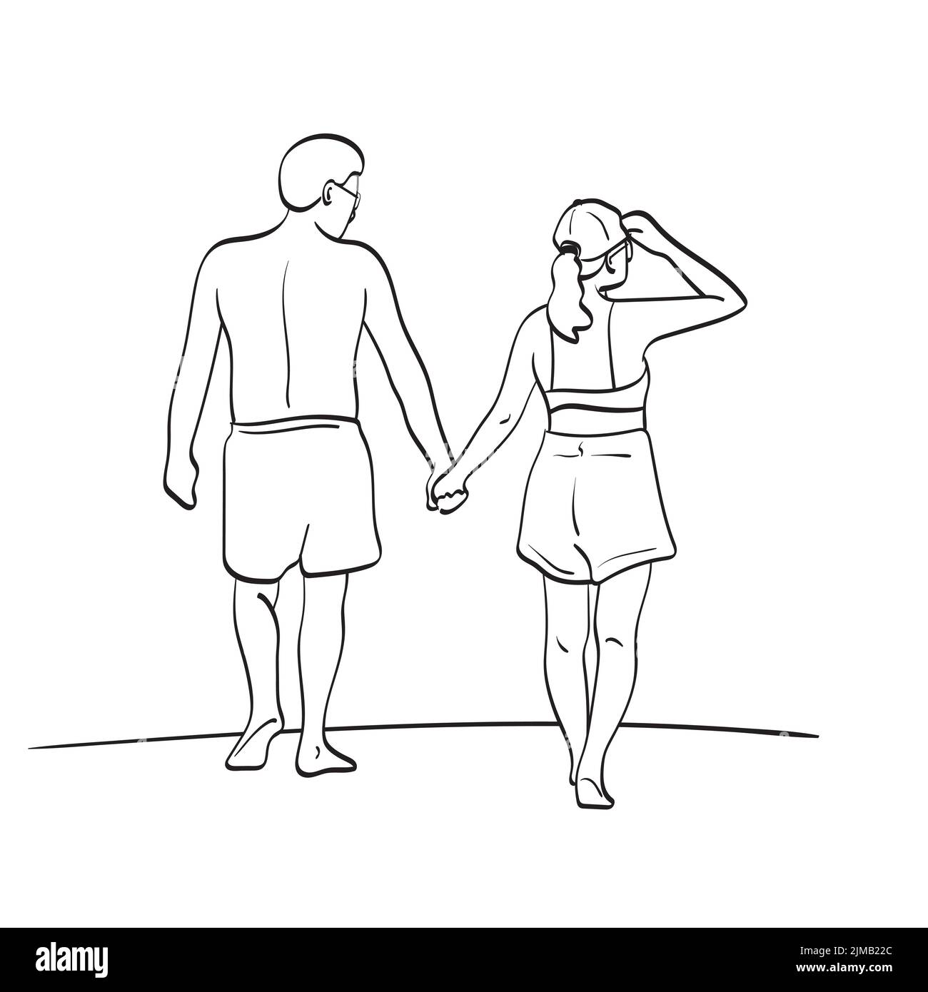 line art rear view of couple holding hand and walking the beach illustration vector hand drawn isolated on white background Stock Vector