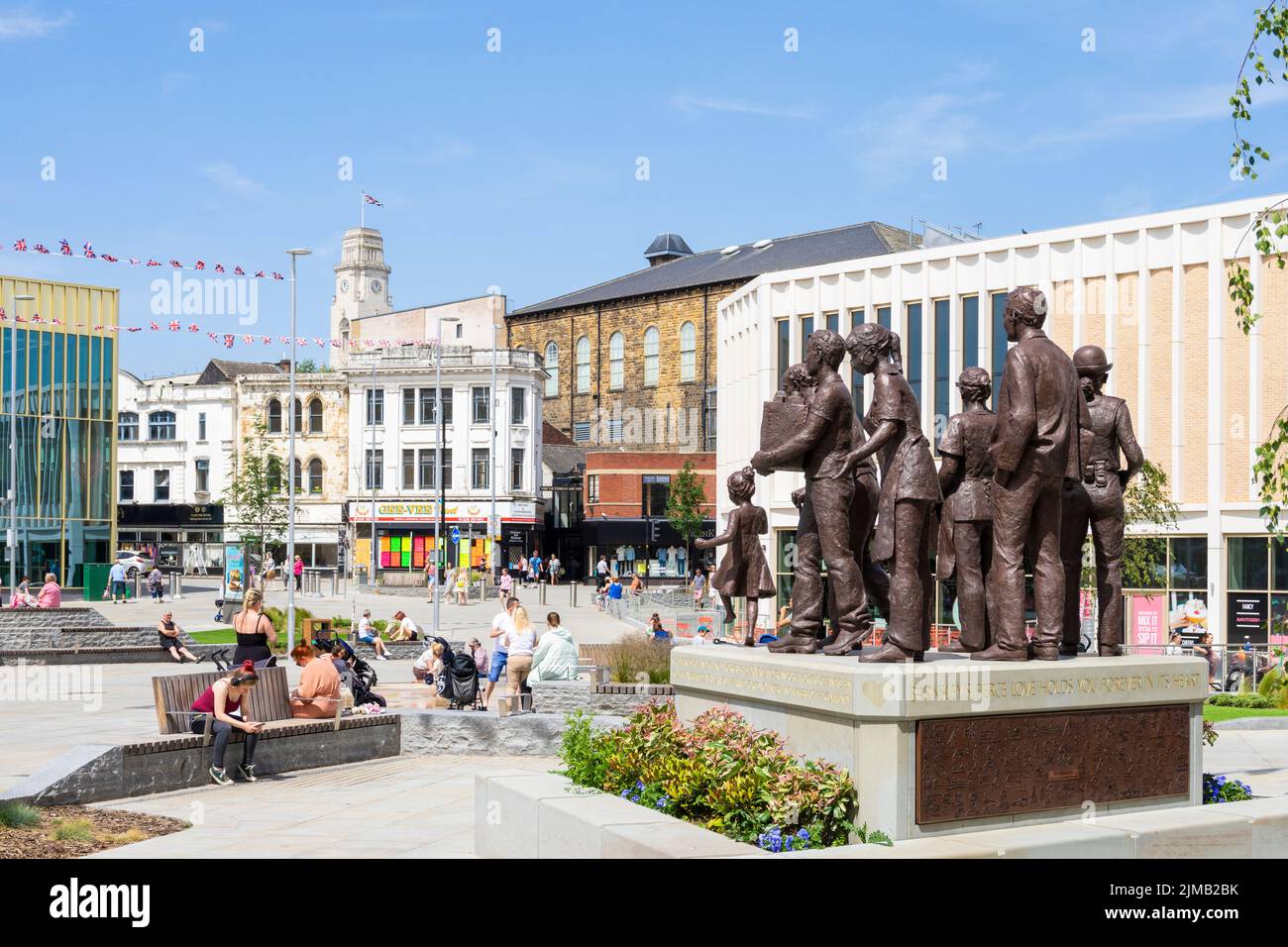 People enjoying the sun in Glass Work's square Barnsley South Yorkshire West Riding of Yorkshire England UK GB Europe Stock Photo