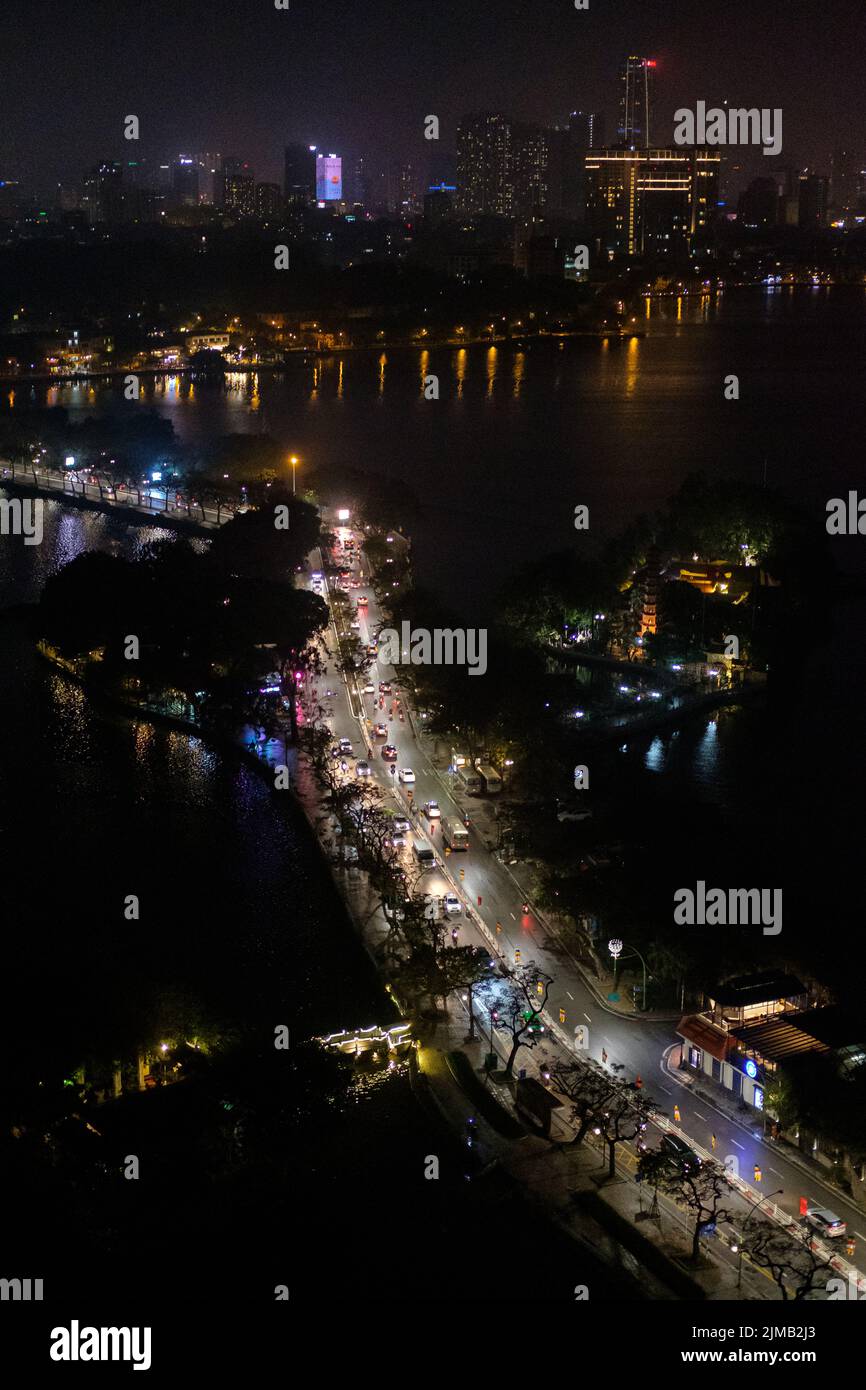 Aerial view of nighttime Hanoi, Vietnam, in January 2020. Stock Photo
