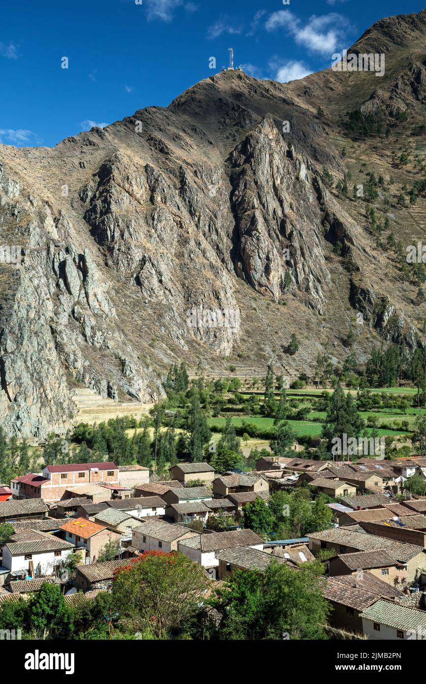 Elevated view of Ollantaytambo, Urubamba, Cusco, Peru Stock Photo