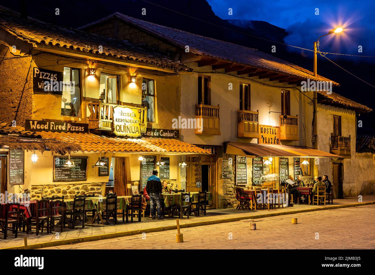 Restaurants, Ollantaytambo, Urubamba, Cusco, Peru Stock Photo