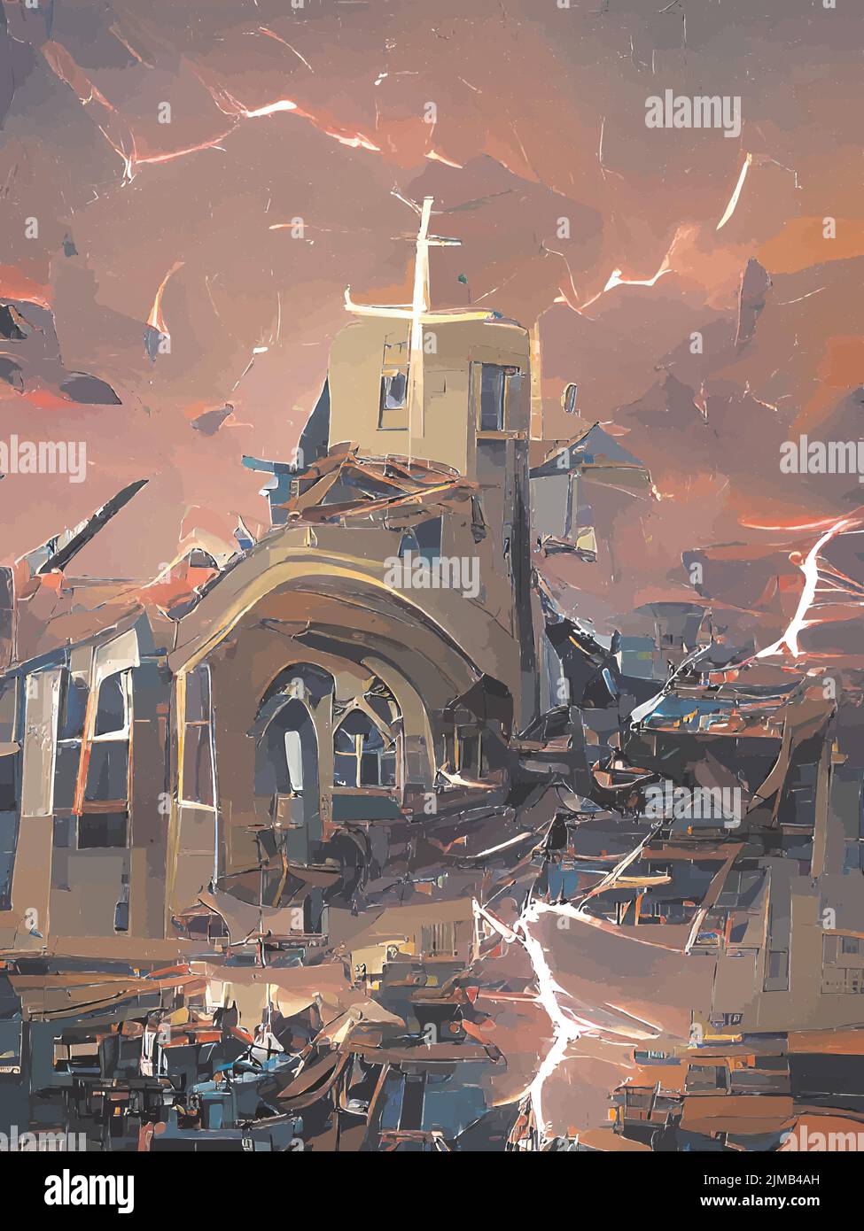 Painting of a destroyed church Stock Vector