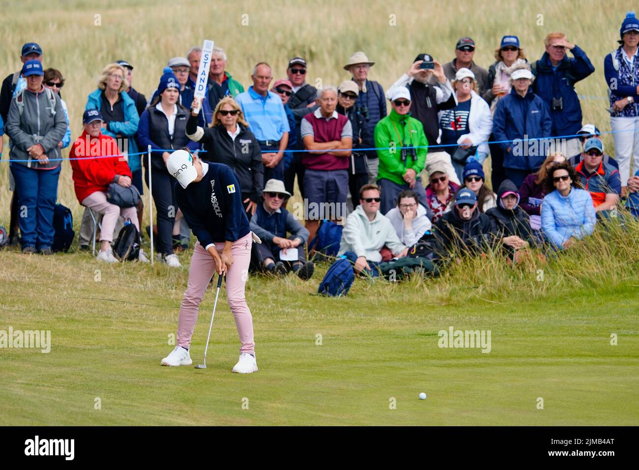 Gullane, Scotland, UK. 5th August 2022. Second round of the AIG Women’s Open golf championship at Muirfield in East Lothian. Pic; Hinako Shibuno putting on the 13th green.  Iain Masterton/Alamy Live News Stock Photo