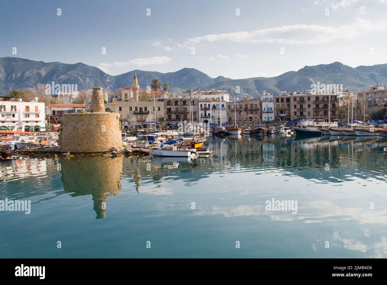 Old harbour of  Kyrenia, island of Cyprus, with the old lighthouse in view Stock Photo