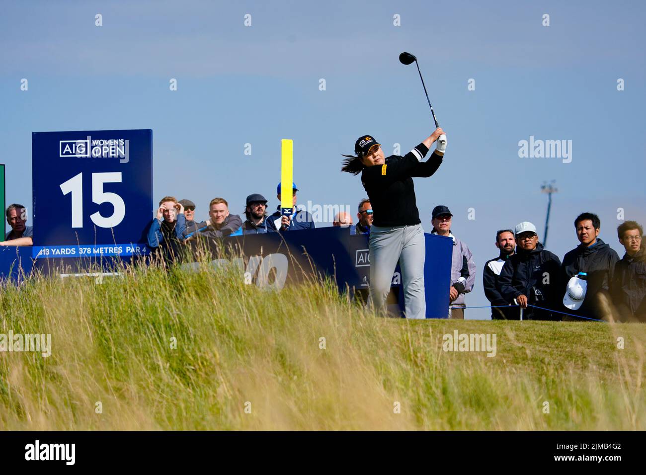 Gullane, Scotland, UK. 5th August 2022. Second round of the AIG Women’s Open golf championship at Muirfield in East Lothian. Pic; Inbee Park driver on 15th tee.  Iain Masterton/Alamy Live News Stock Photo