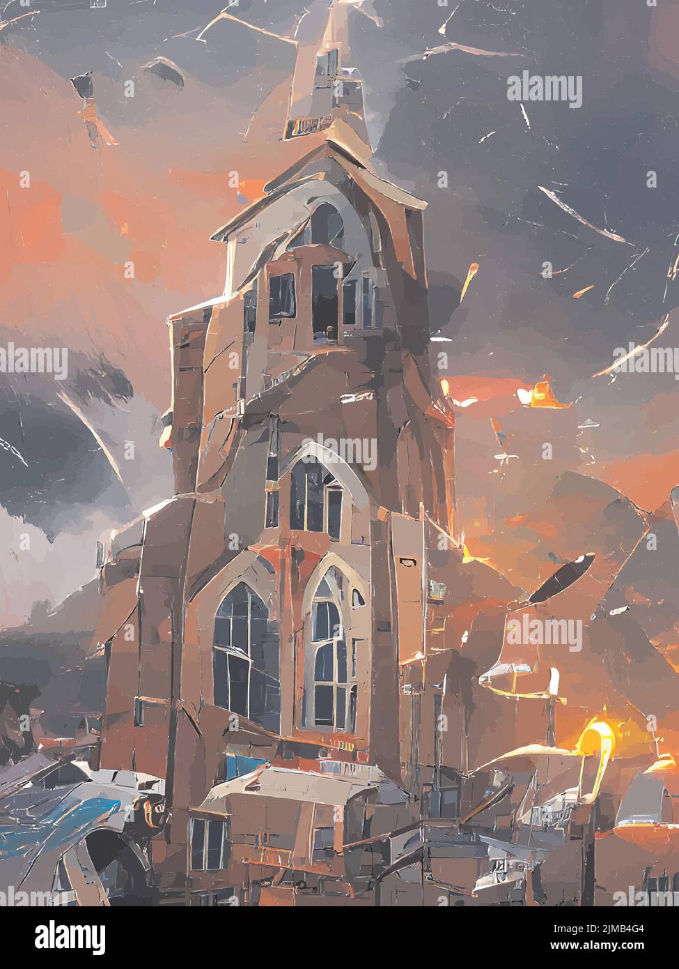 Painting of a destroyed church Stock Vector