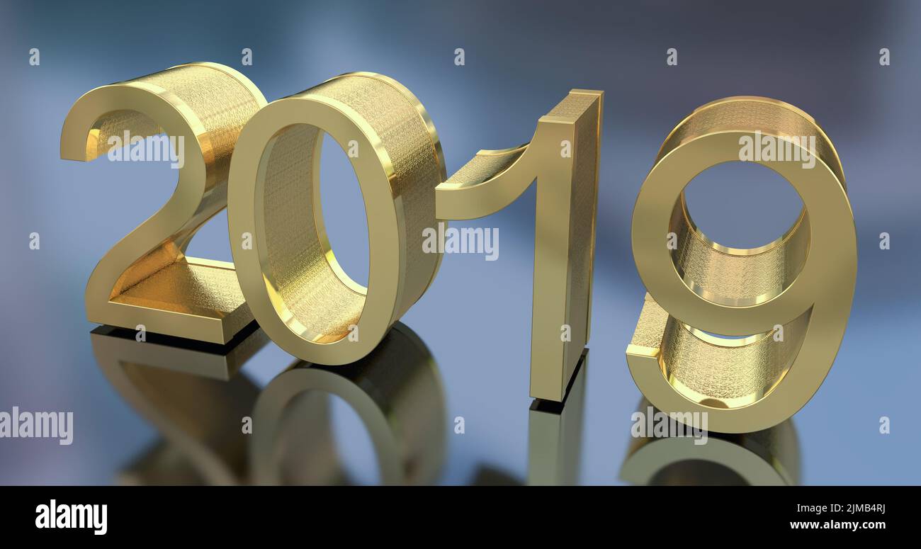 3D Gold Metal 2019 on Gray Stock Photo