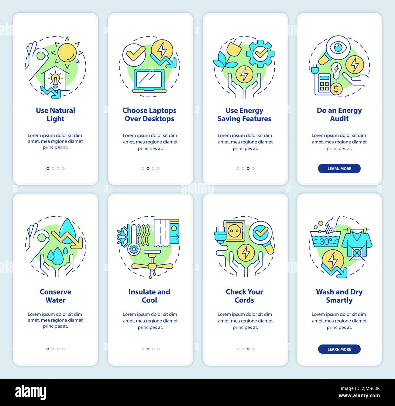 Energy efficiency onboarding mobile app screen set Stock Vector