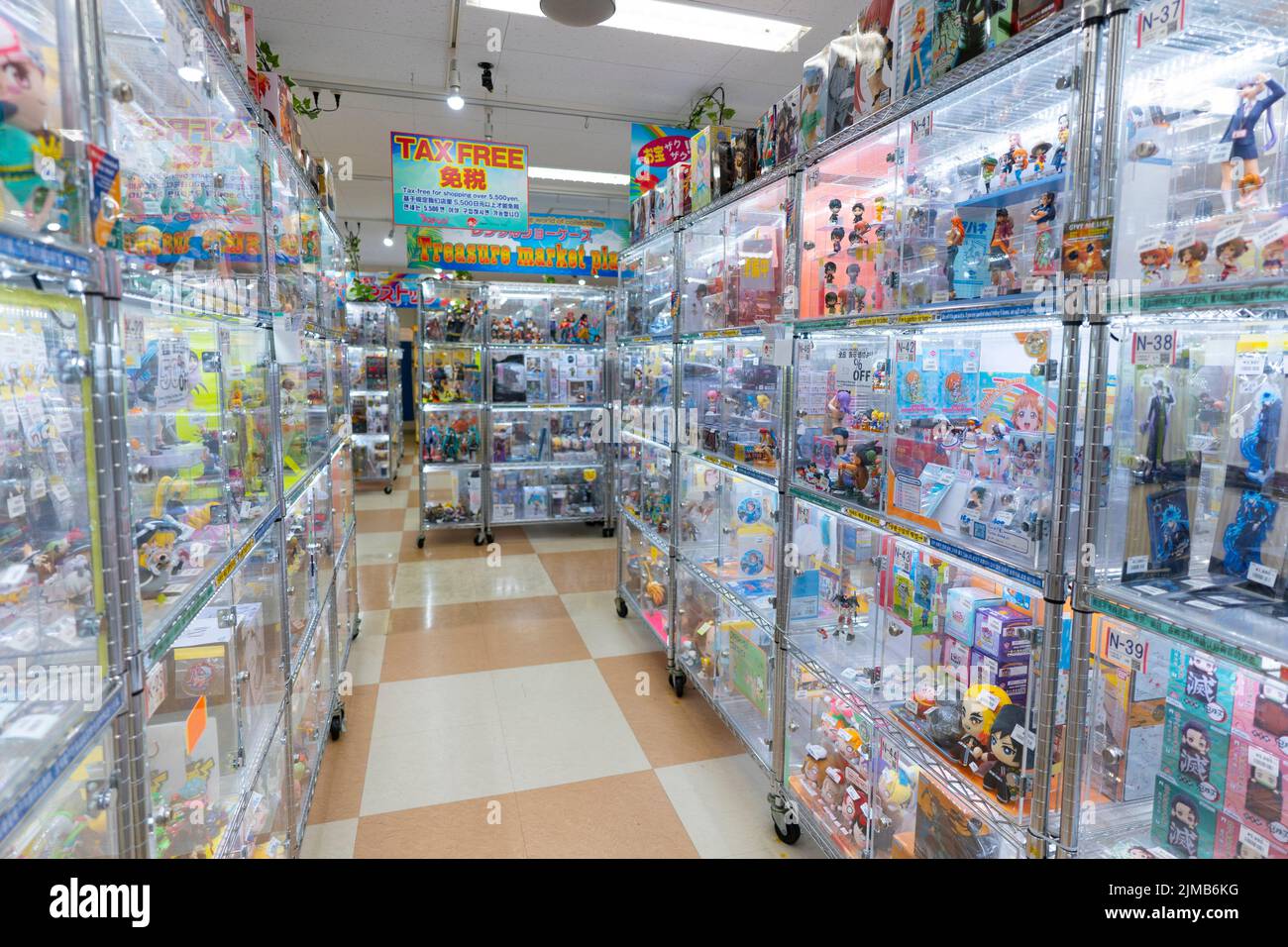 Akihabara, Japan- September 18, 2020: Various anime figures are for sale at a rental case store in Akihabara. Stock Photo