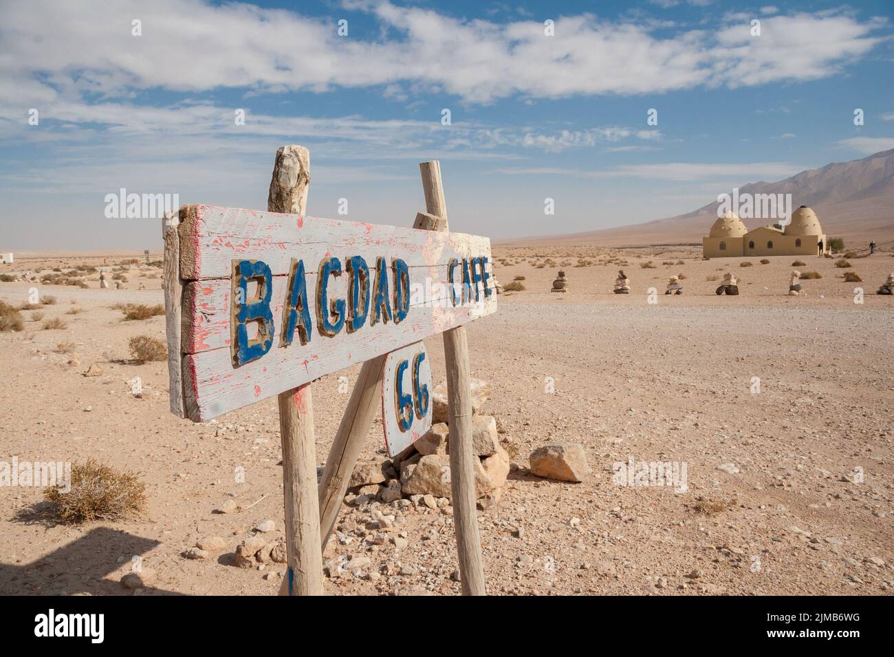 Desert sign of a Cafe on the road from Damascus to Palmyra, Syria Stock Photo