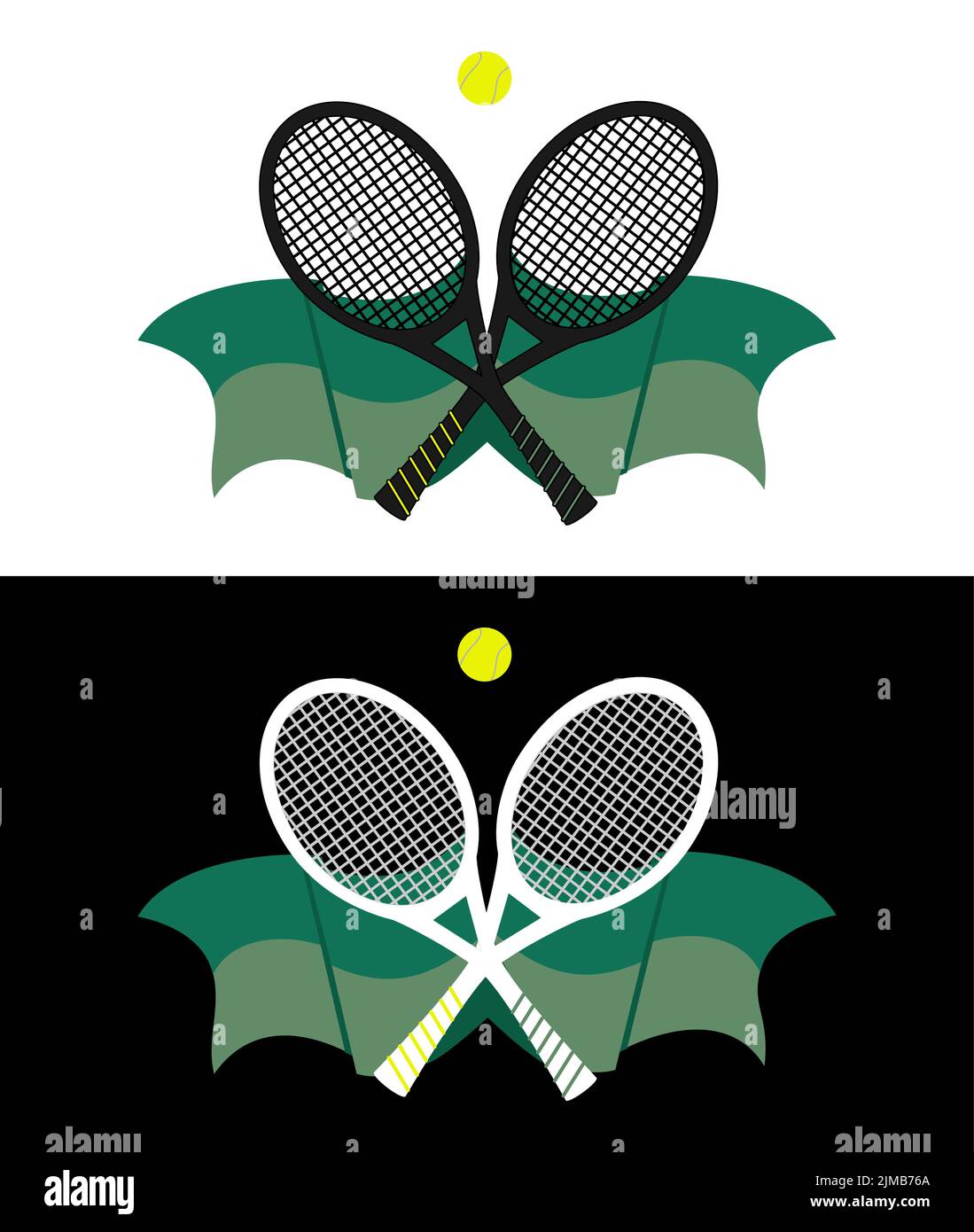 Tennis sport logo icon design badge template, design element with two rackets and ball. Green, yellow, black and white colors. Made in vector. Stock Vector