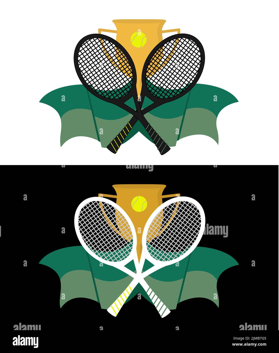 Tennis sport logo icon design badge template, design element with two rackets, prize cup and ball. Green, yellow, black and white colors. Made in vect Stock Vector