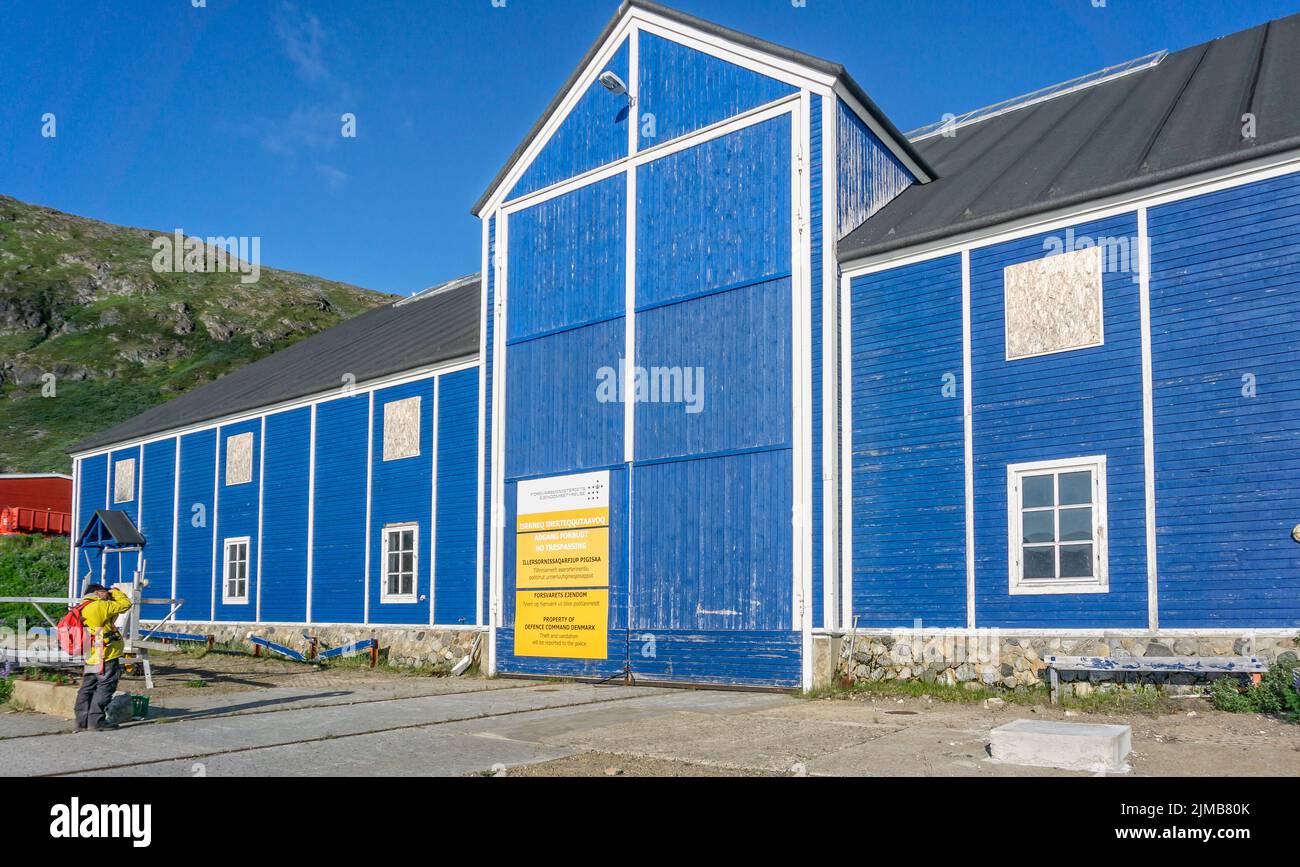 Defence Command Denmark  building and sign on blue wooden building at Grondalen, West Greenland on 21 July 2022 Stock Photo