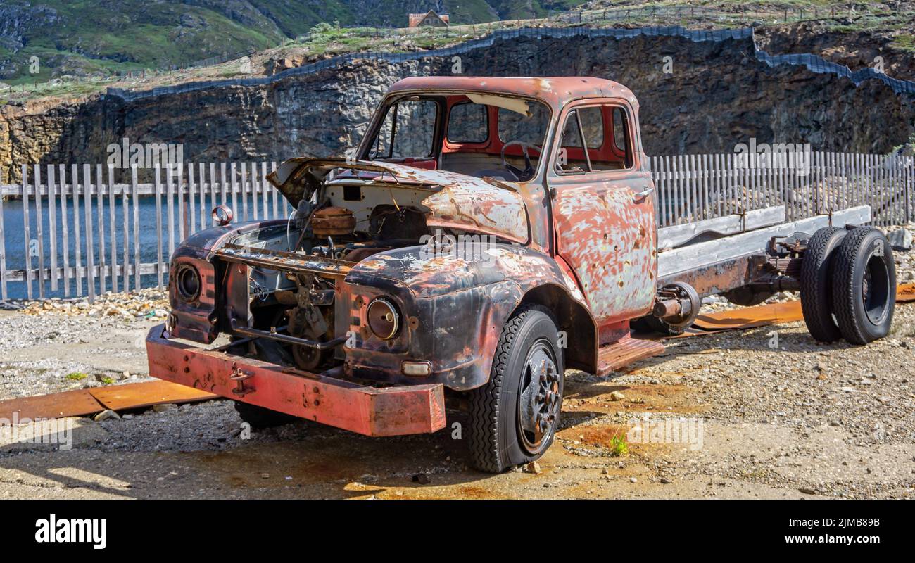 Abandoned rusting lorry in former Cryolite mining town in Ivittuut, Greenland on 21 July 2022 Stock Photo