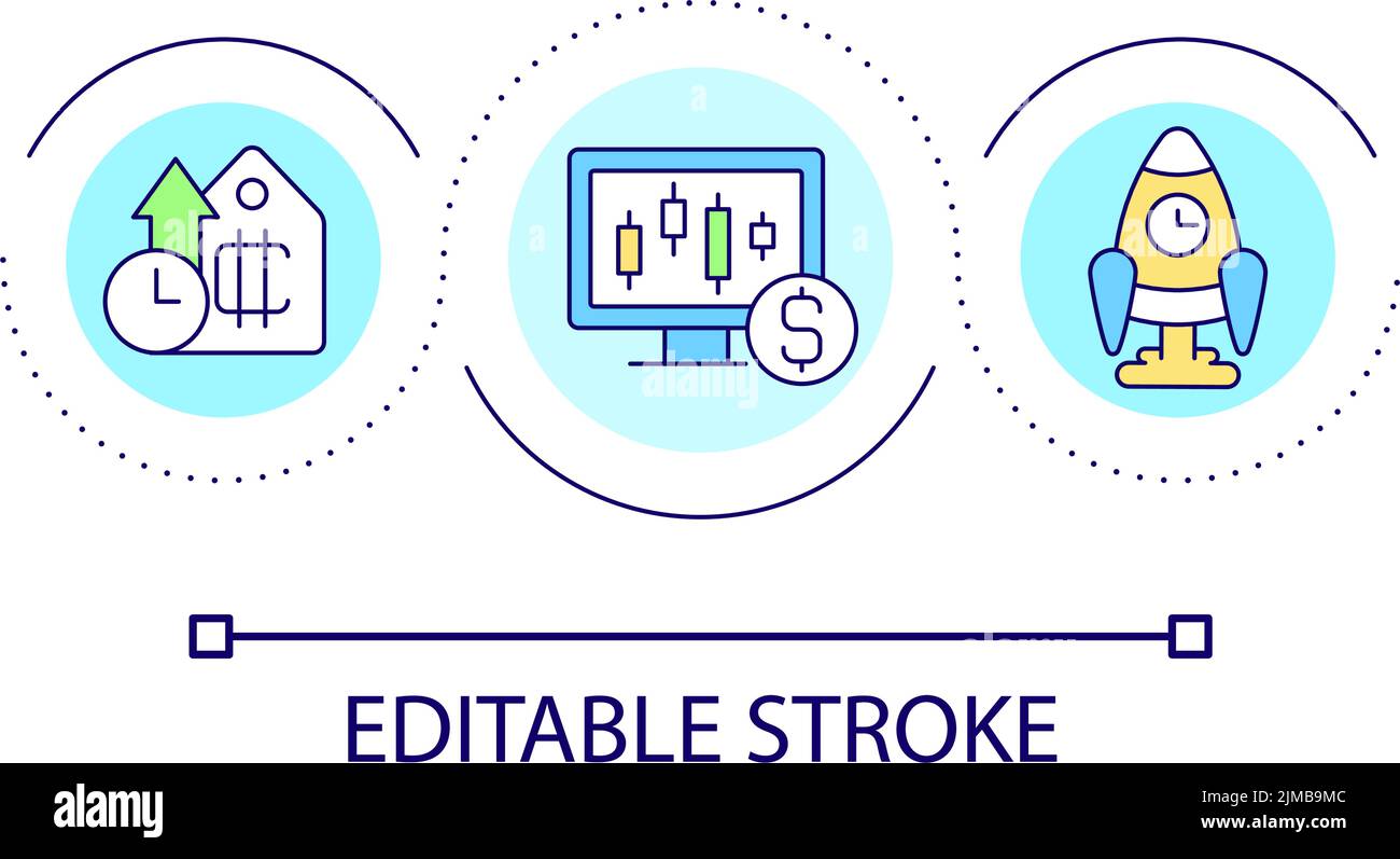 Cryptocurrency rate raising loop concept icon Stock Vector