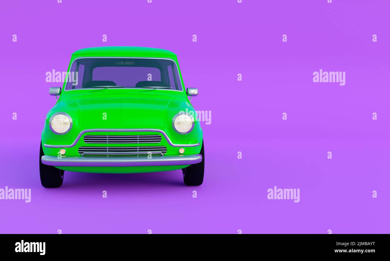 A 3d rendering of a green car isolated on a mauve background with copy space Stock Photo