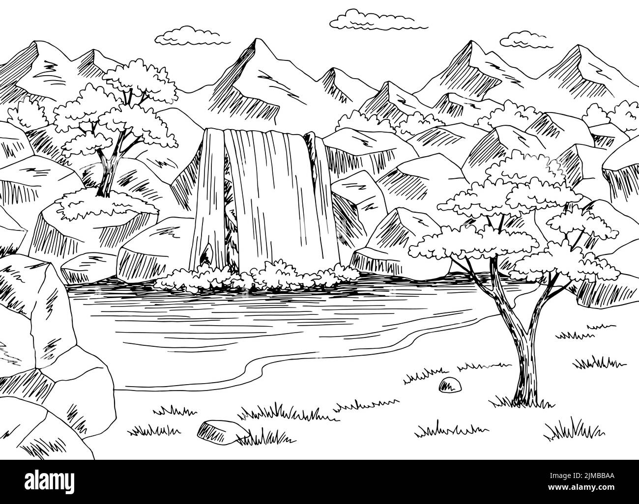 Waterfall desert graphic black white landscape sketch illustration vector Stock Vector