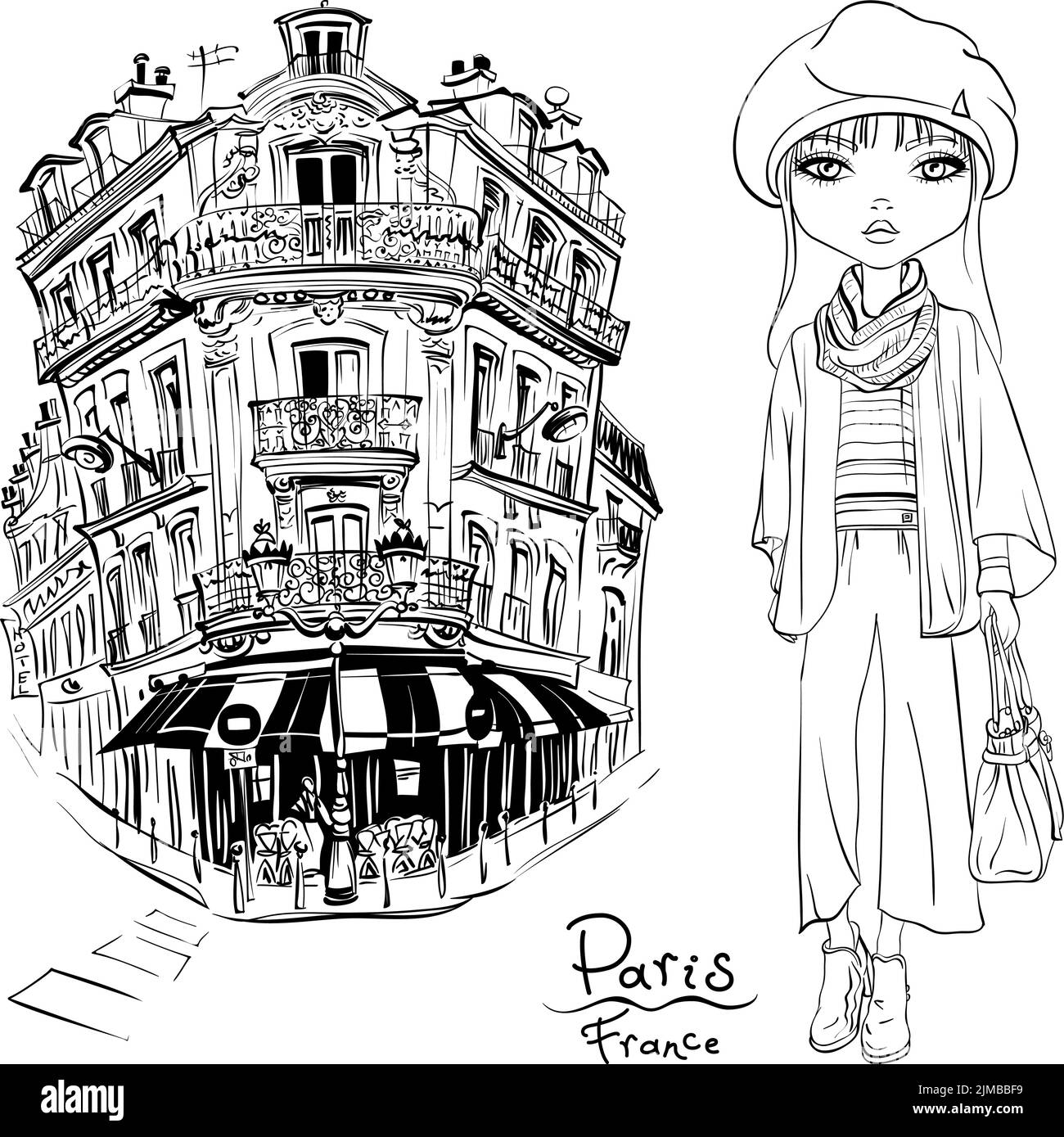 Vector cute girl on a paris street in Paris, France. Black and white illustration for coloring book. Stock Vector