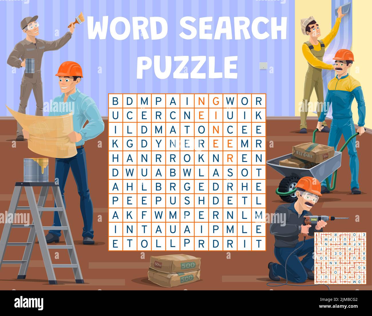 Foreman and workers. Word search puzzle game worksheet. Educational