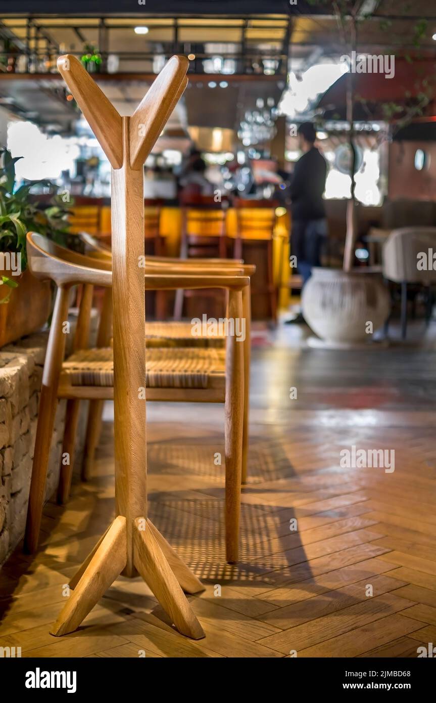 The vertical view of a retro restaurant wooden interior Stock Photo