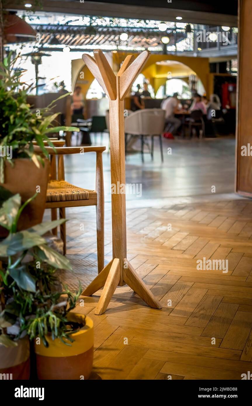 The vertical view of a retro restaurant wooden interior Stock Photo