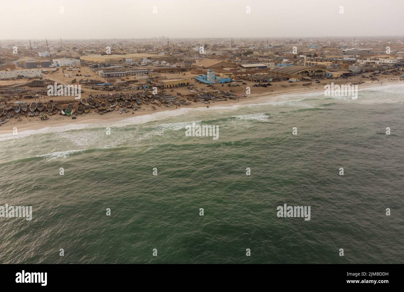 Aerial view of the sea and the coastline of Nouakchott, Mauritania. The