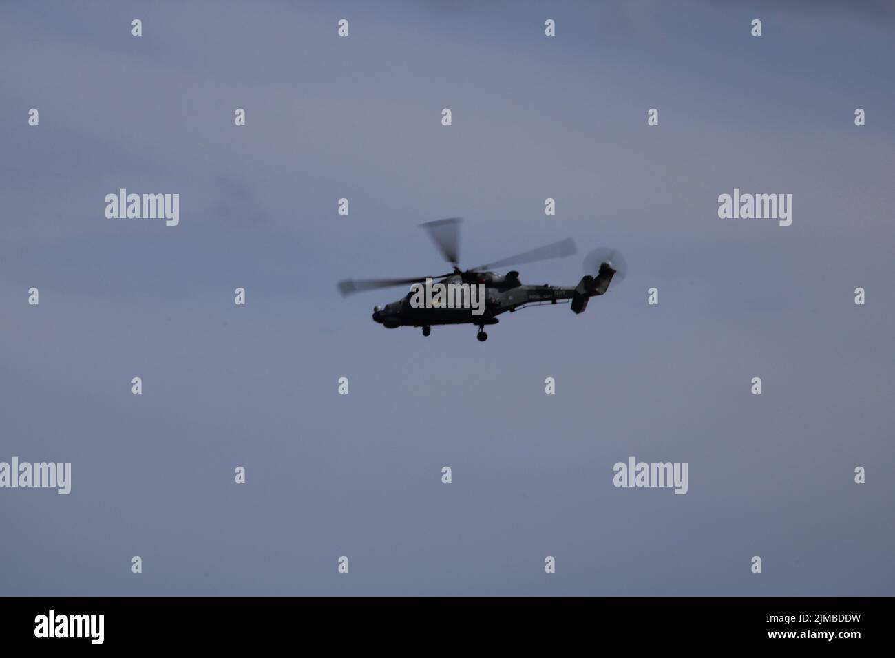 A closeup shot of the Royal Navy Wildcat helicopter during a display at the national armed forces day event 2022 in Scarborough, England Stock Photo