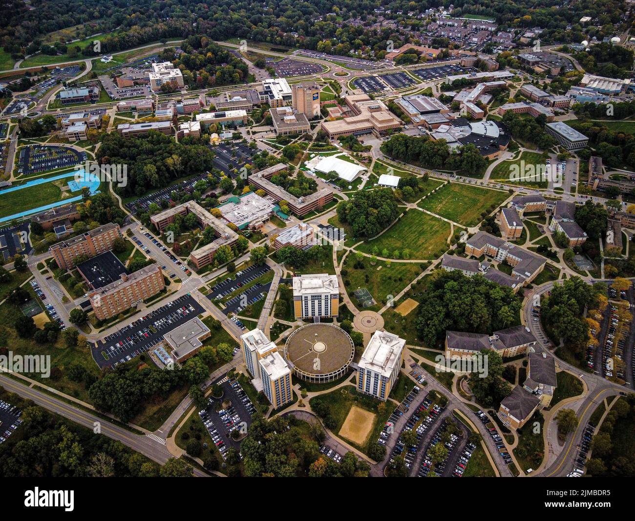 Aerial shot of Dorms, Roads, Halls, and the Library at Kent State University Stock Photo Alamy