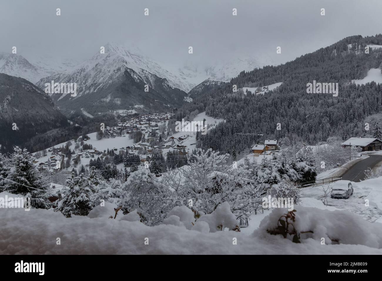 A foggy view of the Saint Gervais Les Bains under the snow Stock Photo