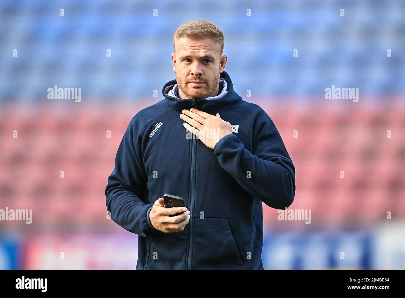 Oliver Holmes #12 of Warrington Wolves arrives at the DW Stadium, Home of Wigan Warriors in, on 8/5/2022. (Photo by Craig Thomas/News Images/Sipa USA) Credit: Sipa USA/Alamy Live News Stock Photo