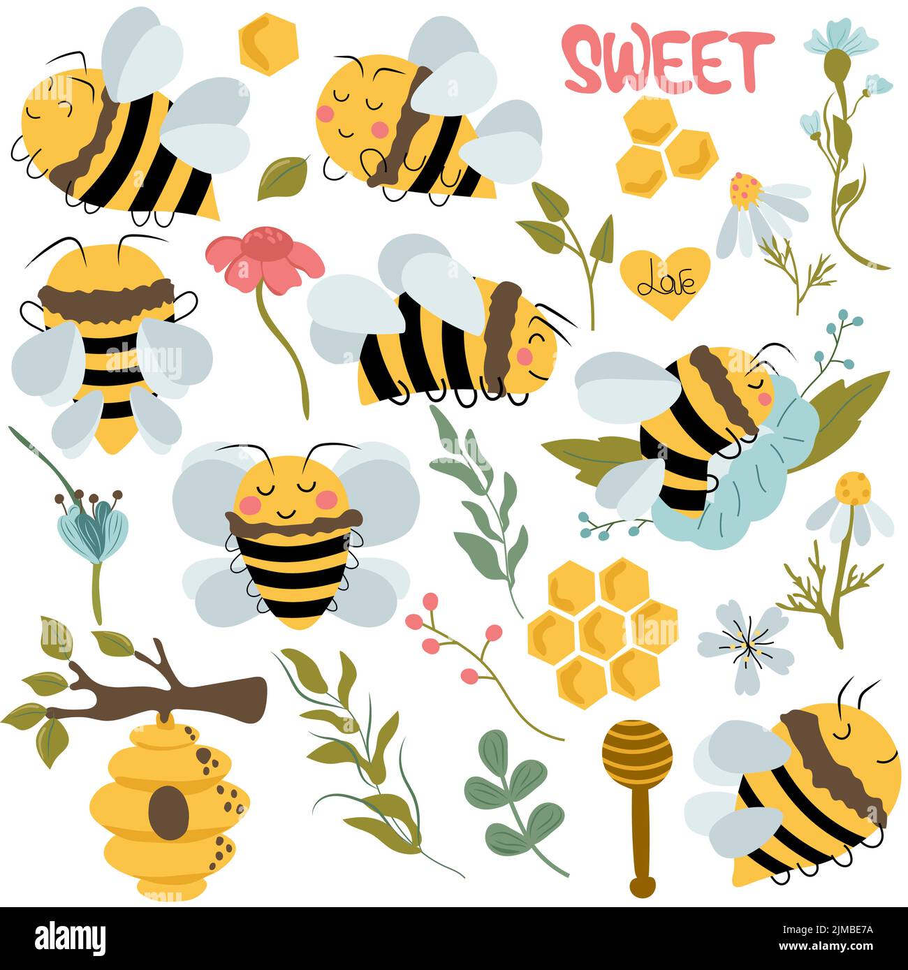 Big honey set, cute bee, wildflowers, honeycomb, green leaves. Cartoon ...