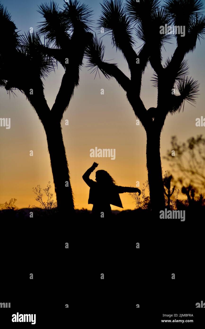 The silhouette of a woman dancing between two Joshua trees at dusk in California desert Stock Photo