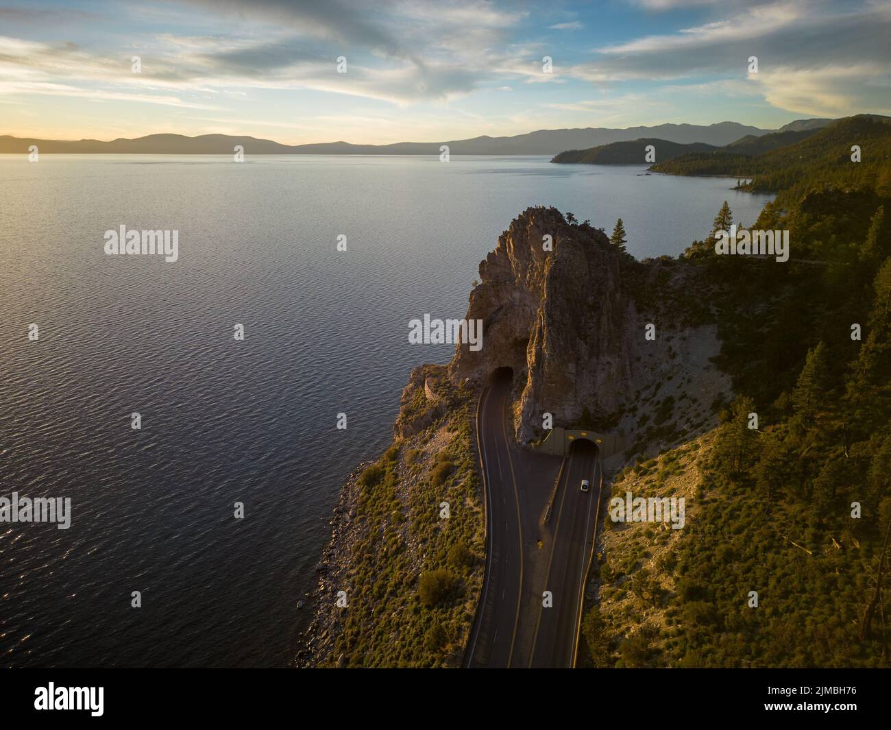 An aerial shot of the Cave Rock at Lake Tahoe in Nevada, USA Stock