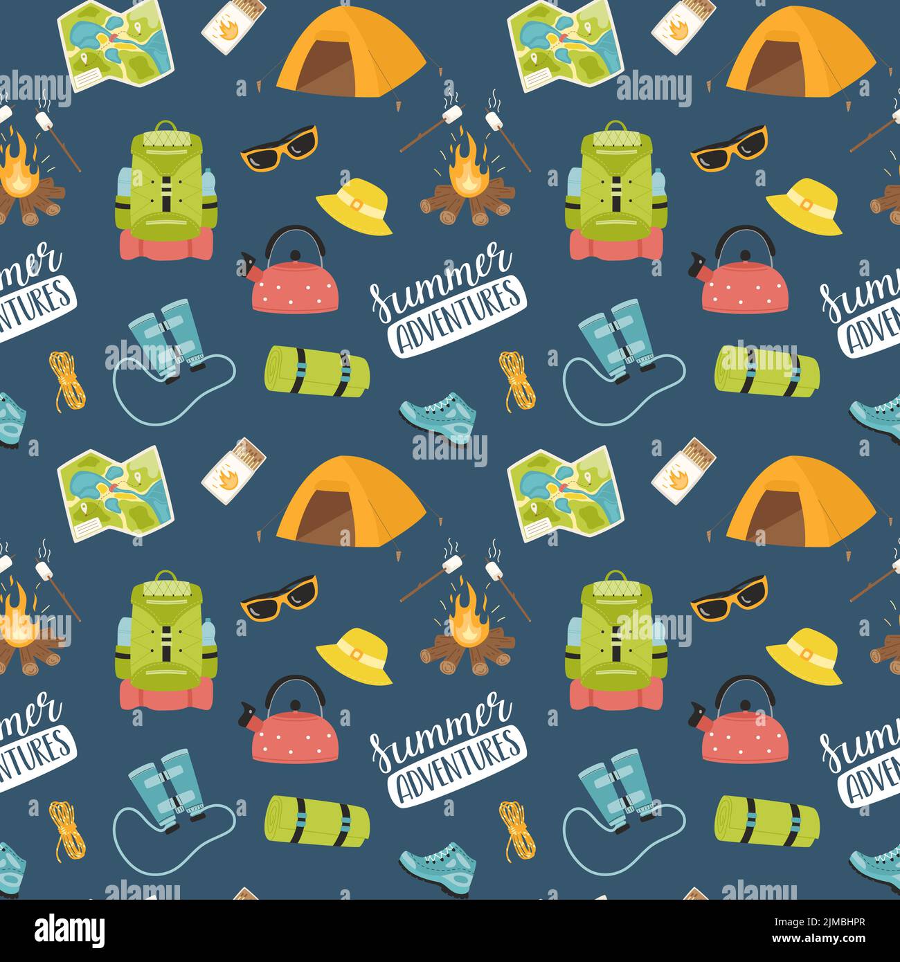 Travel seamless pattern. Camping equipment and gear. Hand drawn flat ...