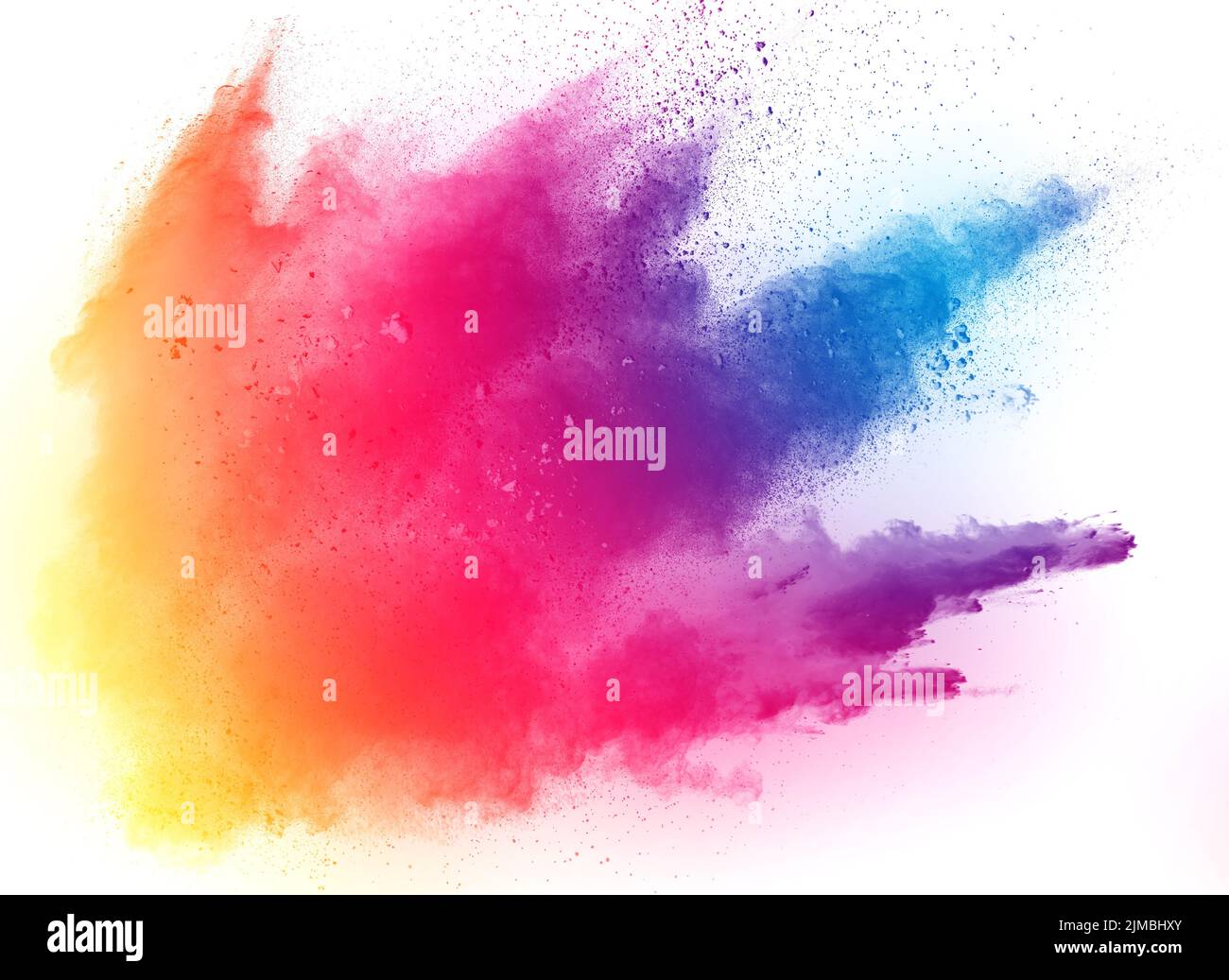 Color dust splash cloud on white background. Launched color powder explosion on background Stock