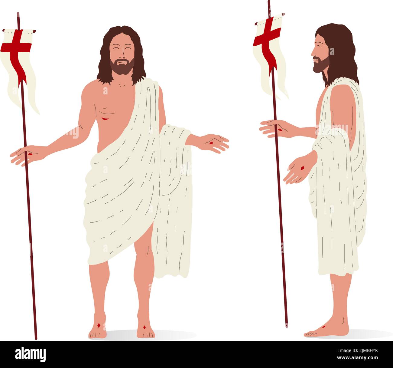 Risen Jesus standing, front and side view. Isometric vector illustration, isolated figure. Stock Vector
