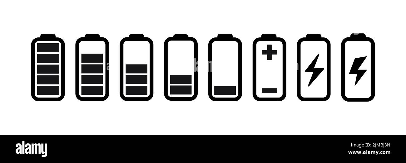 Battery icons set. Battery level and indicator related different styles vector icons. Stock Vector