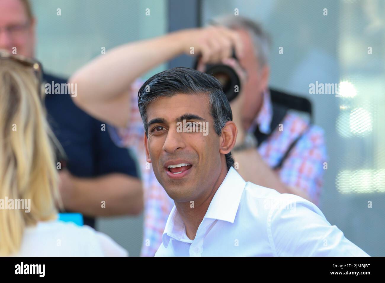 Eastbourne, UK. 5th August 2022. The UK Prime Minister Rishi Sunak attends a press meeting at the Tory Hustings. Credit: Pete Abel/Alamy Live News Stock Photo