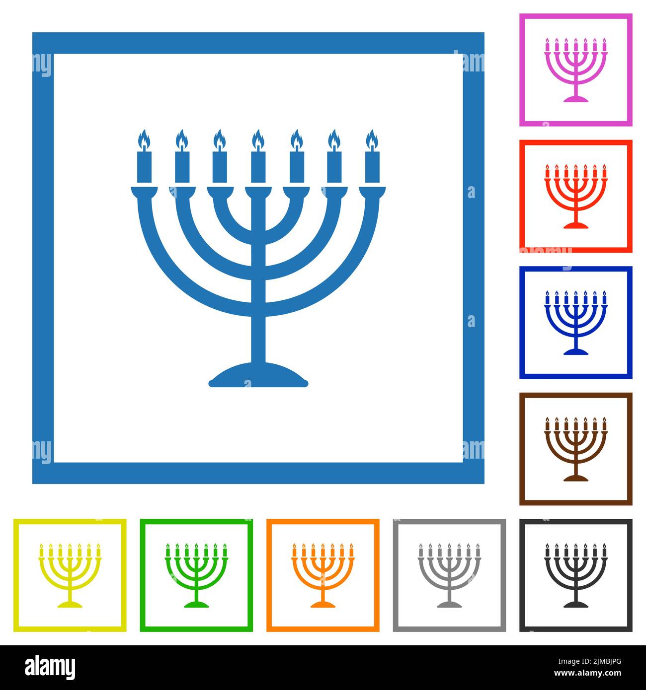 Menorah with burning candles solid flat color icons in square frames on white background Stock Vector