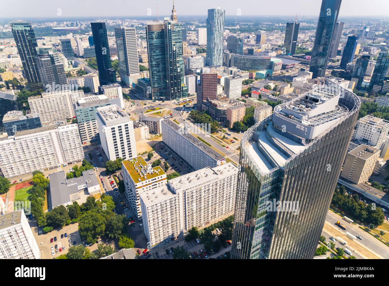 7.22.2022 Warsaw, Poland. Warsaw skyline presented by aerial drone view photograph taken during one of the summer days. Rondo 1 skyscraper in the foreground. High quality photo Stock Photo