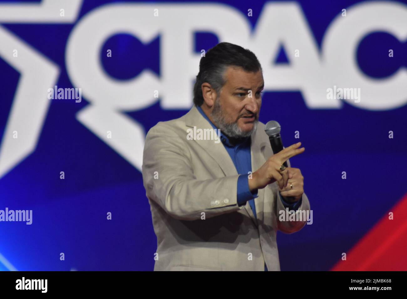 Dallas, Texas, USA. 5th Aug, 2022. (NEW) Ted Cruz delivers remarks at the Conservative Political Action Conference 2022 in Dallas, Texas. August 5, 2022, Dallas, TX, USA. Ted Cruz delivers remarks during the Conservative Political Action Conference (CPAC), held in the state of Texas, in United States, on Friday (5). Ted Cruz is an American politician and attorney serving as the junior United States senator for Texas since 2013. A member of the Republican Party, Cruz served as Solicitor General of Texas from 2003 to 2008. The conference is broadcast live on the CPAC website and online on Fox N Stock Photo