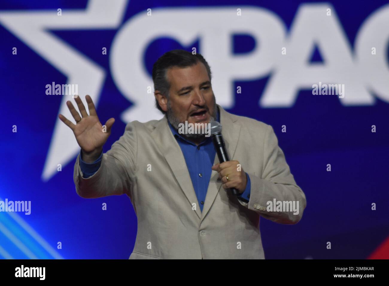 Dallas, Texas, USA. 5th Aug, 2022. (NEW) Ted Cruz delivers remarks at the Conservative Political Action Conference 2022 in Dallas, Texas. August 5, 2022, Dallas, TX, USA. Ted Cruz delivers remarks during the Conservative Political Action Conference (CPAC), held in the state of Texas, in United States, on Friday (5). Ted Cruz is an American politician and attorney serving as the junior United States senator for Texas since 2013. A member of the Republican Party, Cruz served as Solicitor General of Texas from 2003 to 2008. The conference is broadcast live on the CPAC website and online on Fox N Stock Photo