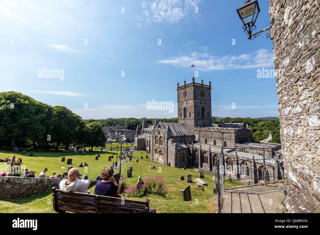 Cathedral from the gatehouse, St Davids Cathedral, St Davids, Pembrokeshire, Wales, UK Stock Photo