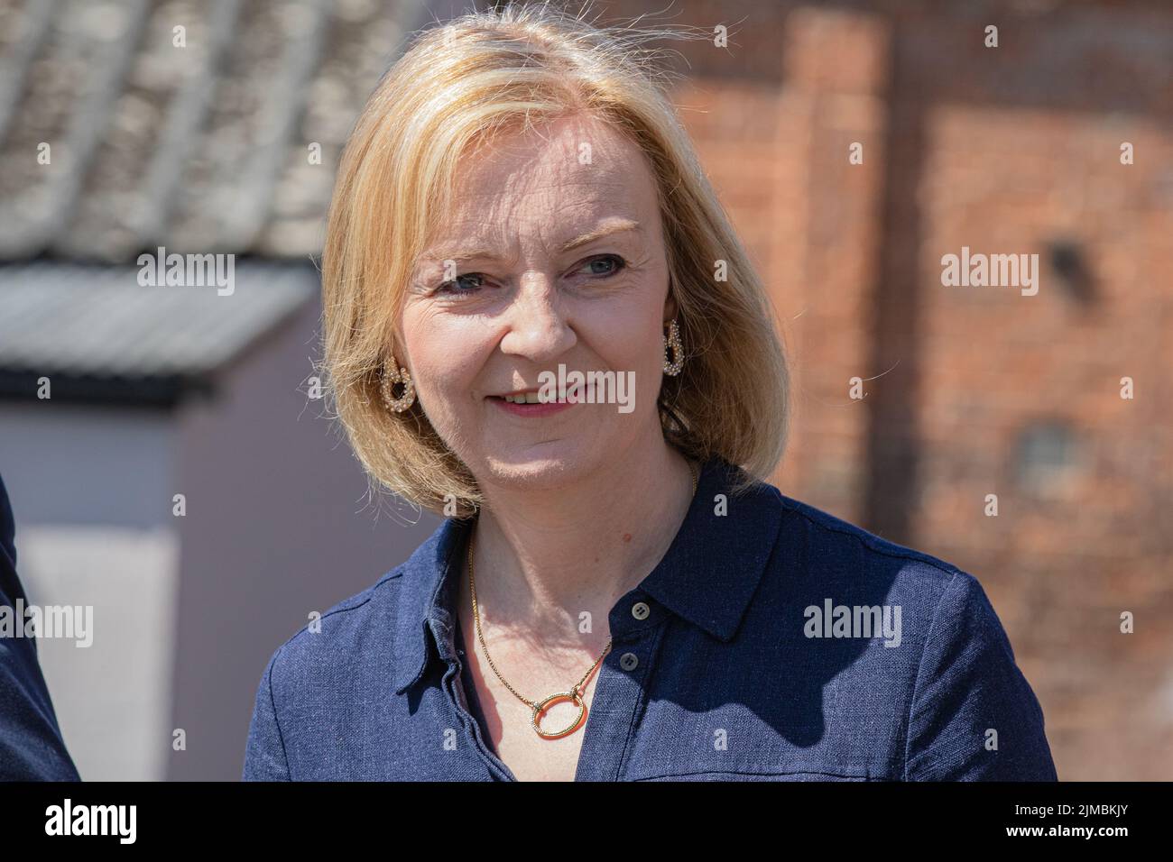 Rt Hon Elizabeth Truss MP , campaigning to become the leader of the Conservative Party and the next Prime Minister . A rare sight , she is smiling Stock Photo