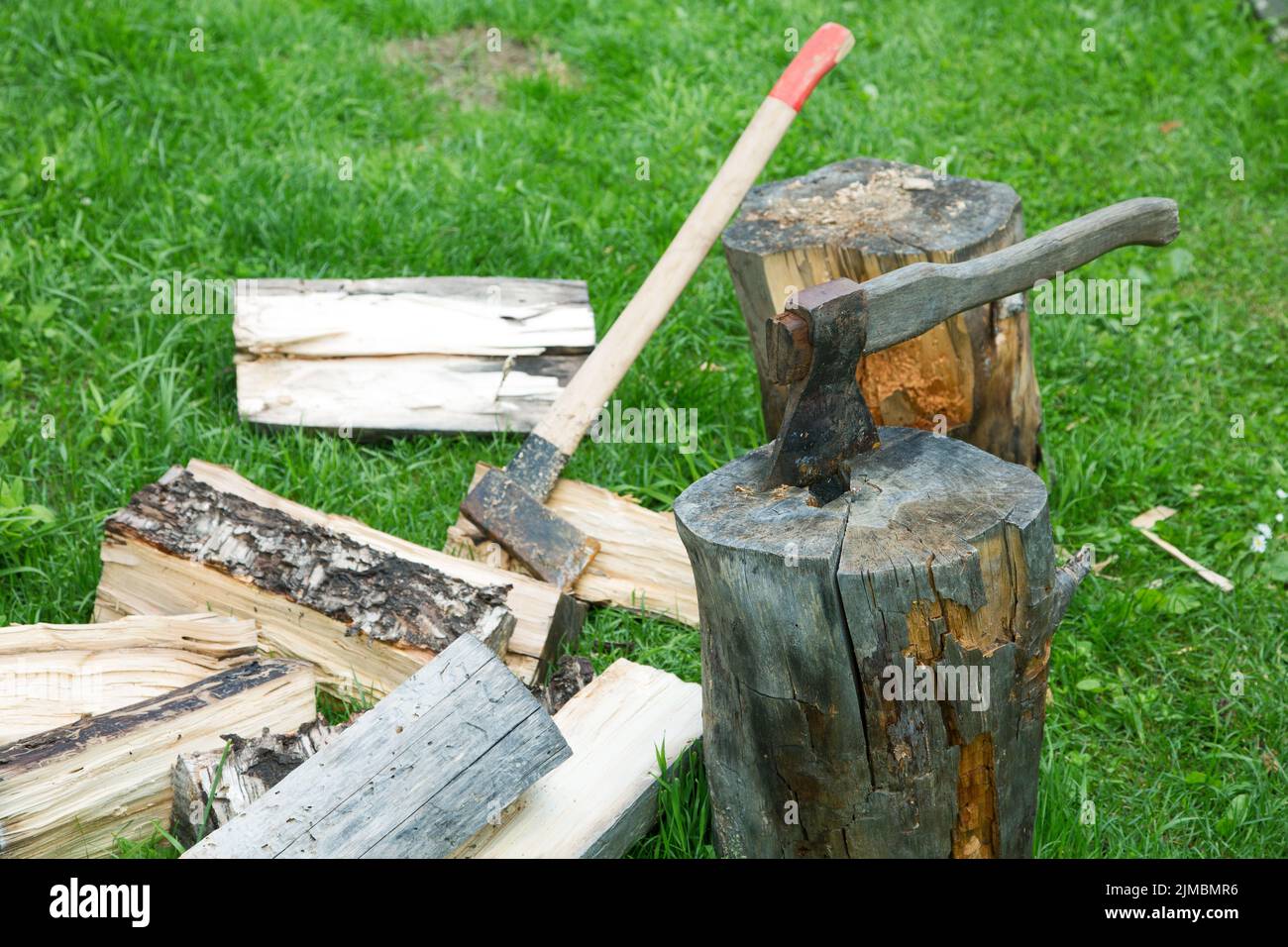 Ax and cleaver on chopped firewood on a summer day Stock Photo