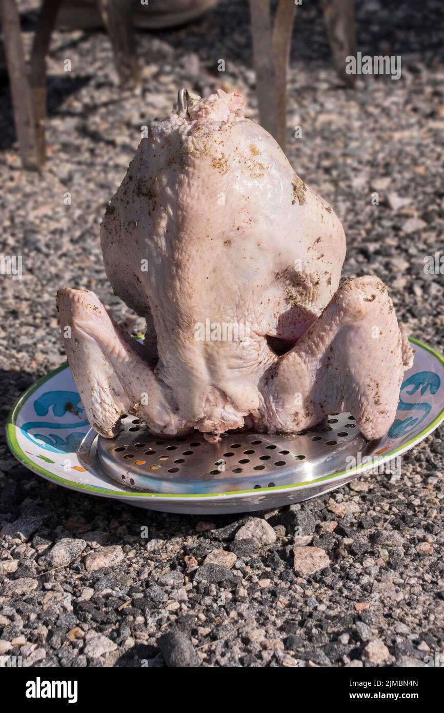A turkey placed on the rack and ready to be lowered into the deep fryer for frying Stock Photo