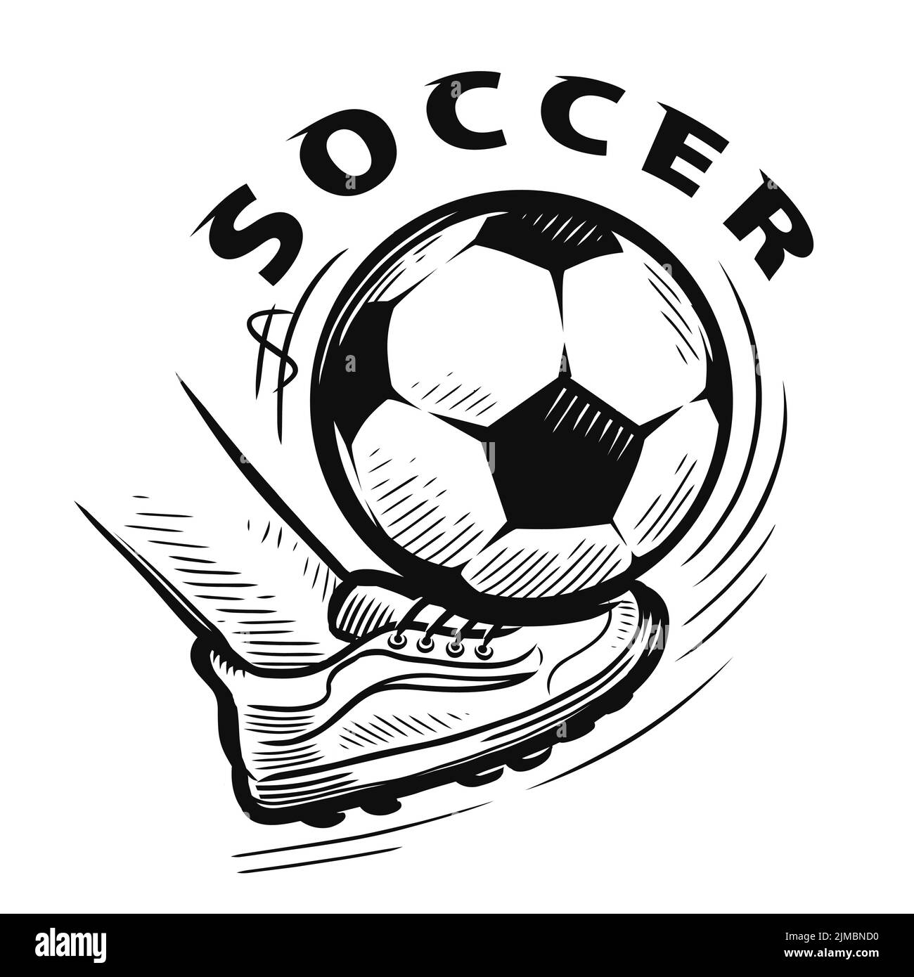 Foot cleat with spikes kicking a soccer ball. Football and soccer sports mascot. Vector sketch illustration Stock Vector