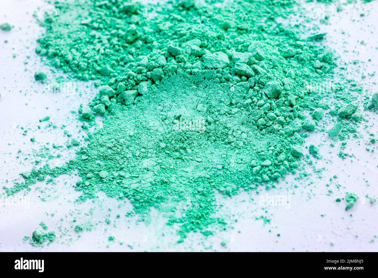 Green color background of chalk powder. Green color dust particles splattered on white background. Stock Photo