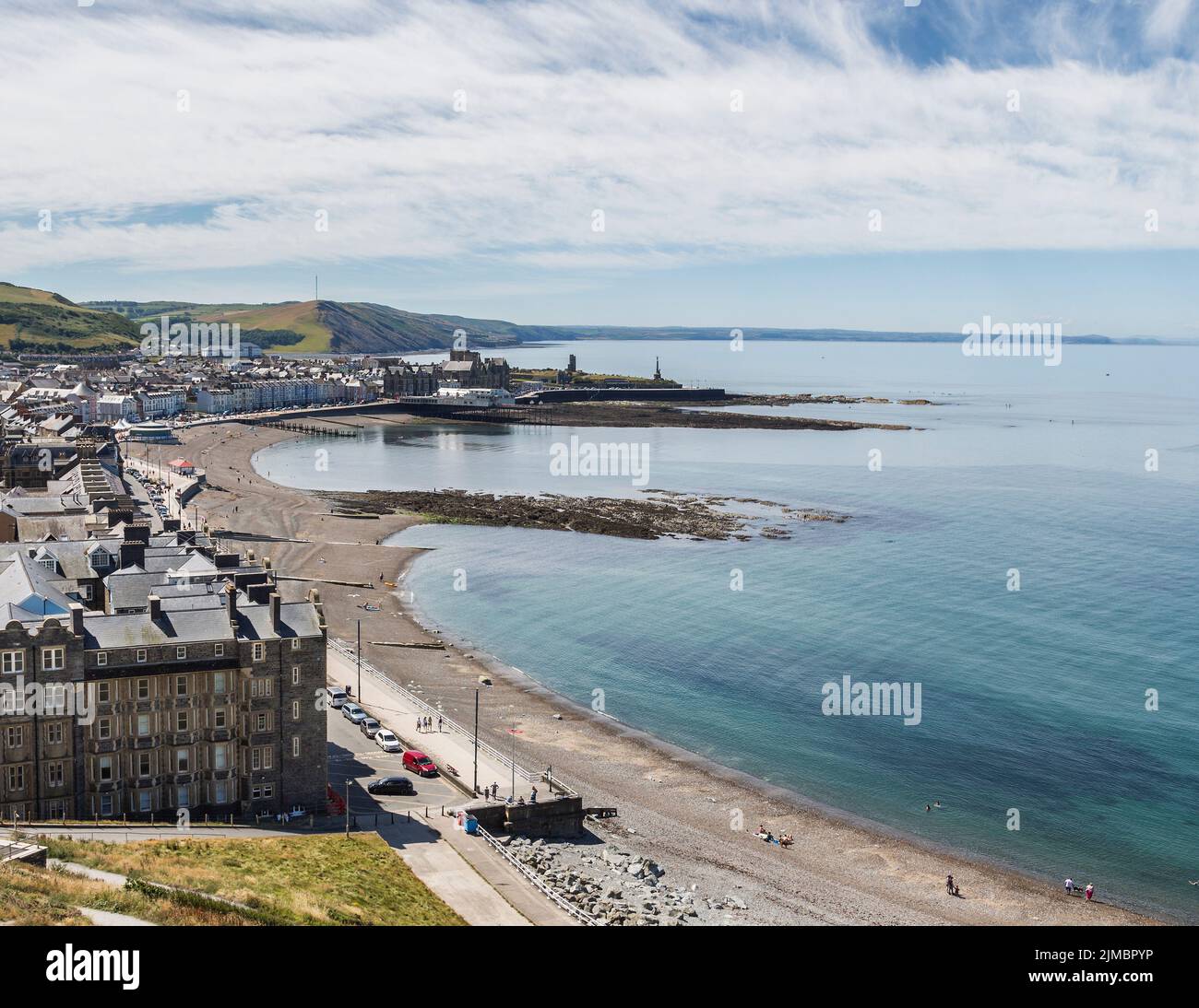 A view overlooking the town and beach at Cardigan Bay Aberystwyth, Wales, United Kingdom. Stock Photo